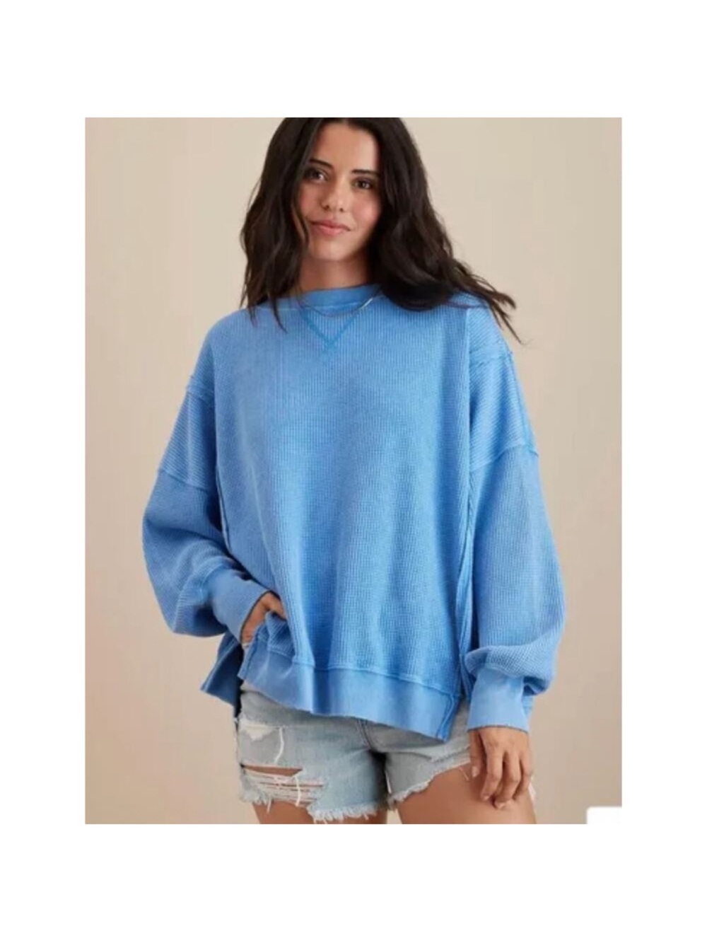 American Eagle Seriously Lived-In Oversized Waffle Knit Sweater Blue Size XS